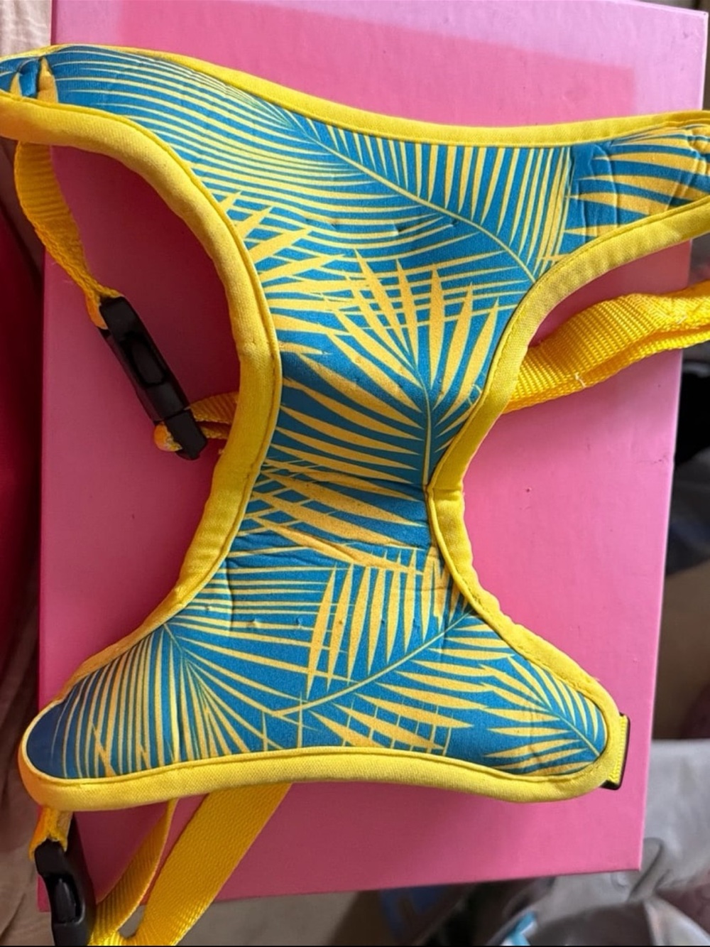 Tropical Palm Print Dog Harness in Blue & Yellow